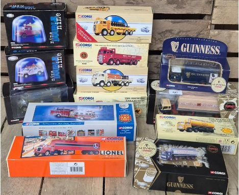A Collection of various Corgi truck vehicles; Guinness tanker, Guinness flat bed truck with container, Lionel city van lines 