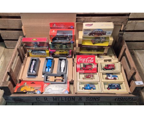 Crate of boxed car models; Heinz boxed van set, Days Gone Advertising van models, Corgi Bedford Van Model, Matchbox 1928 Merc