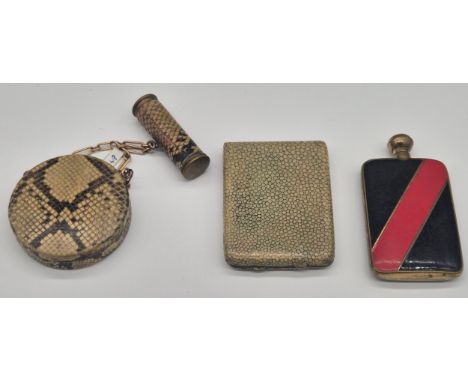 A Selection of Collectables; Snake skin Compact holder &amp; lip stick holder, Shagreen turned hinged compact &amp; Small ena