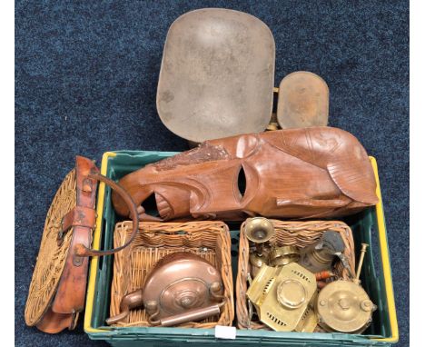 Crate of collectables and weighing scales. Unusual wicker and leather bag. Brass art deco ink well stand. Optimus miniature s
