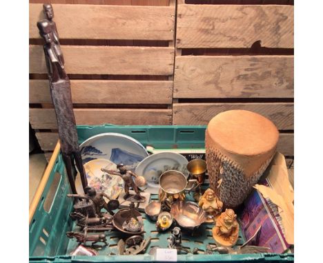 Box of collectables; Bronze and bronzed Roman figure sculptures, Japanese porcelain shallow bowl, Tribal hide drum, Egyptian 