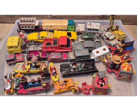 A Tray of playworn vehicles; Corgi Batmobile, Corgi Magic Roundabout vehicles, Popeye the sailor man, Flintstones &amp; many 