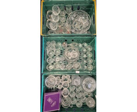 Three crates of crystal and glass ware; Crate of Edinburgh crystal to include Set of weight Whisky glasses, Thistle shaped wh