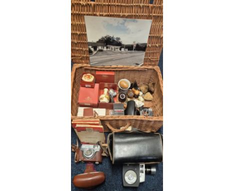 Wicker basket of collectables; Vintage Royal Worcester Palissy ware, vintage Cameras, Treen items &amp; other items
