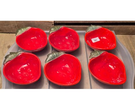 A collection of six Vintage Metlox Pottery Poppytrail California Ceramic Strawberry Shaped Berry Bowls Red Green Leaf design.