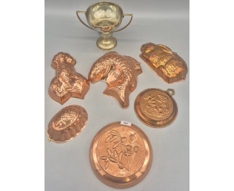 A Selection of collectables; Copper animal Jelly moulds to include rabbit, fish and lobster plus other moulded desserts toget