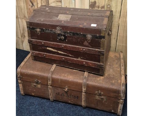 Antique Saratoga trunk and wooden bound trunk. 