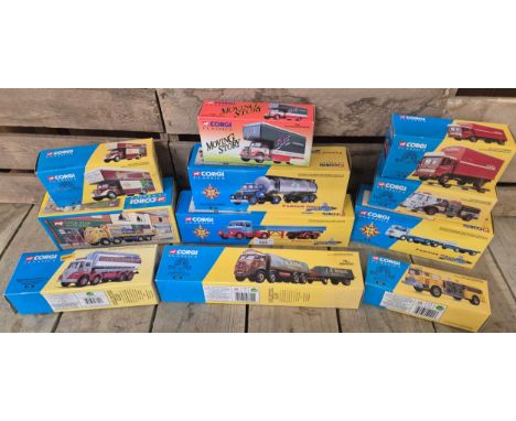 A Collection of 11 Corgi Classics flat bed trucks; Pentus brown scammell Highwayman drop side trailer,  Mackintosh aec truck 
