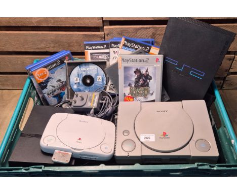 A crate containing Playstation One &amp; Playstation2 Consoles and games. Also includes a Sega Mega drive Instruction manual.