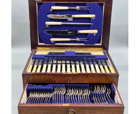 Large antique Mahogany canteen chest containing cutlery produced by Viners Ltd. 