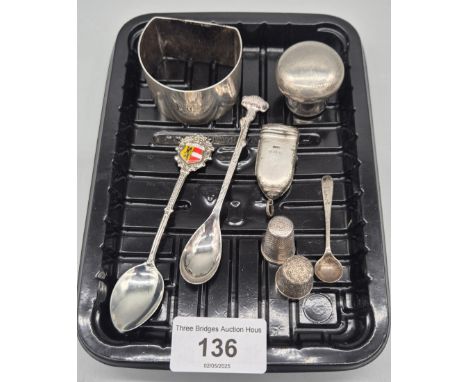 A Collection of Silver items; Silver Birmingham small Snuff Box, Edinburgh Silver napkin ring, two silver thimbles, small sil