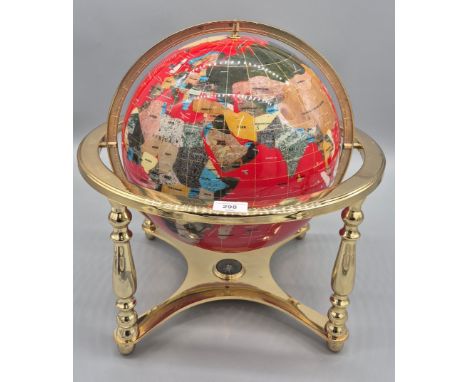Large Semi precious Gemstone Globe on brass supported stand with fitted compass display. 46x45cm
