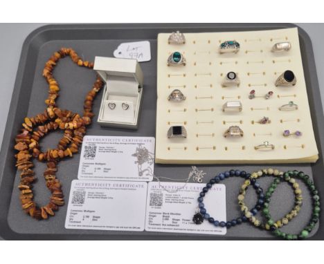 A Collection of silver jewellery; 12 Silver rings- 9ct gold on silver signet ring, skull ring, Silver and onyx ring. Three Pa