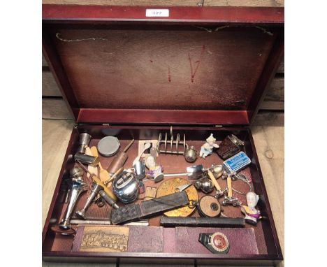 Wooden Box Of Curiosities; Vintage Razors, silver plated Wares, Bronze Plaque- After J. Kulhanek "Praha Matka Mest". Pair of 
