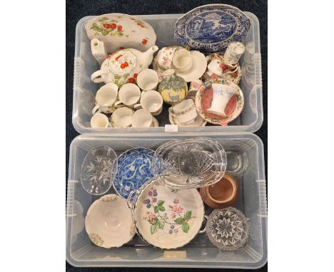 Two crates of collectables; Rosina China Queens "Virginia Strawberry" pattern tea pot, tea cups and cake plate (Tea pot as fo