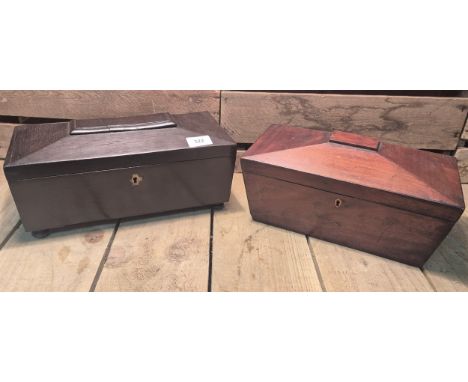 Two Antique Tea caddy's; Oak light wood Double section tea caddy &amp; Mahogany one detailed with double lion handles. 