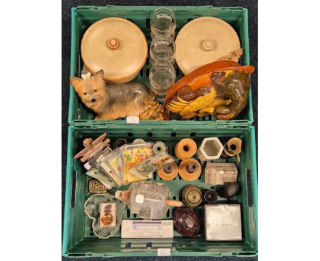 Two crates of collectables; Studio pottery lidded preserves; Coke Cola drinking glasses, Duck ford lidded preserve pot. Large