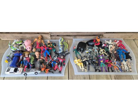 Two trays of various figures &amp; vintage puma bag; Star wars, Batman, Power Rangers, Toy Soldiers &amp; other action figure