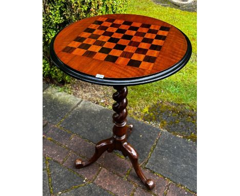 19th Century Chess topped table, raised on a Barley twist support with three outswept legs. 72x49cm