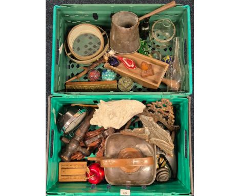 Two crates of collectables; Copper measuring jug, Oak sculpture of a penguin in the style of Robert Thomas Mouseman. Card dea