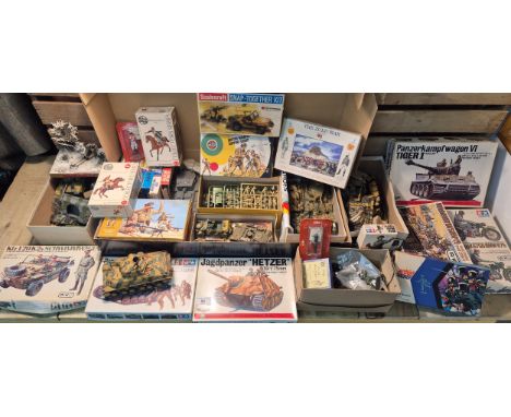 A Large quantity of mixed military models and soldiers. Mostly Airfix models- Military series. Tamiya Built tank models and o