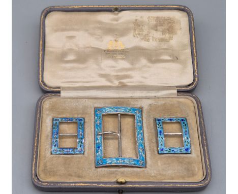 Boxed Three piece Birmingham silver and enamel buckle set. Produced by Adie &amp; Lovekin Ltd. Comes within a F. Barrett &amp
