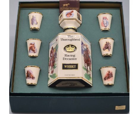 Pointers of London boxed Whisky decanter and six glasses. "The Thoroughbred Racing Decanter". Empty.