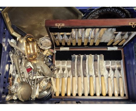 Crate of Silver plated wares; part canteen fish knife and fork set, Silver plated tray &amp; other items