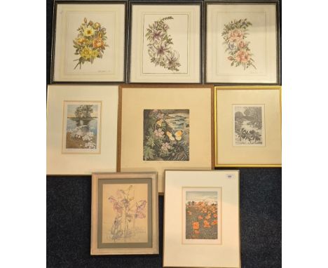 A Collection of floral artworks; limited edition engraving titled "Winter Garden" by Yvonne Skangm (Ltd 11/50).Two Limited ed