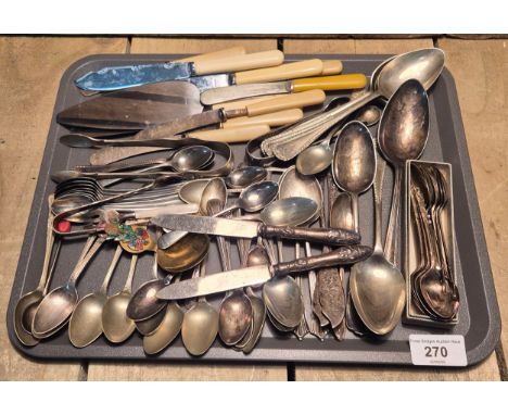 A Tray containing a large quantity of silver plated flatwares; Pair of Art Nouveau Silver handle butter knives. Mother of pea
