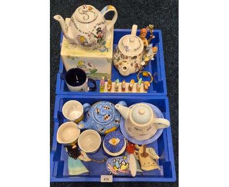 Two Crates of collectables; Alice in wonderland  mad hatters party tea pot, mug, hummel figure, contemporary modern wares, Gi