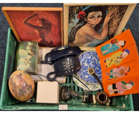 Crate of collectables; Mid century nude lady scene prints. Navy Blue BT Telephone. Ostrich egg with stand and other odds. 