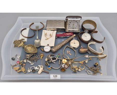 Tray of Jewellery &amp; Collectables; 9ct Gold cross with red stone, Smiths pocket watch, 935 silver ladies watch, Ingersoll 