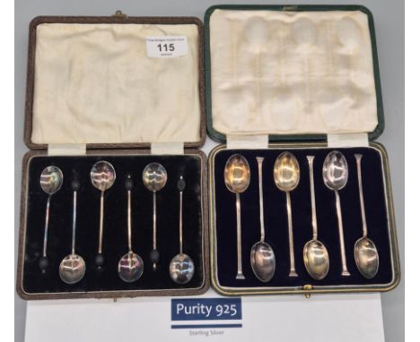 Two boxed sets of six Silver Coffee Bean Spoons; Set of six Birmingham Silver Coffee bean Spoons by Adie Brothers Ltd &amp; S