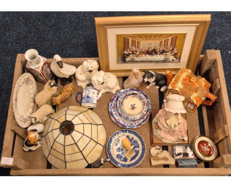 Crate of collectables; Last supper relief wall plaque. J.S.&amp;Co Victorian trio, Beswick Wally dogs, Duck, sheep and dog sc