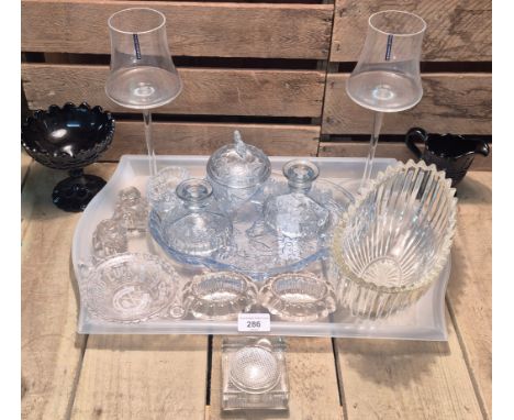 Tray of glass and crystal items; Edinburgh crystal wine glasses. Pressed glass items to include blue glass tray and clear gla