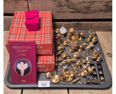 A Tray of Brass collectables; miniature items lamp, clock, minors lamp &amp; other items