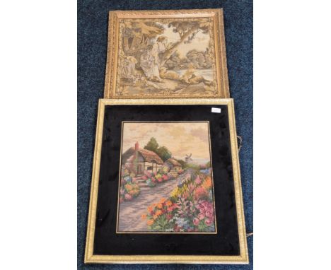 Two antique and vintage tapestries; Victorian tapestry depicting lady looking across the water- fitted within an antique moul