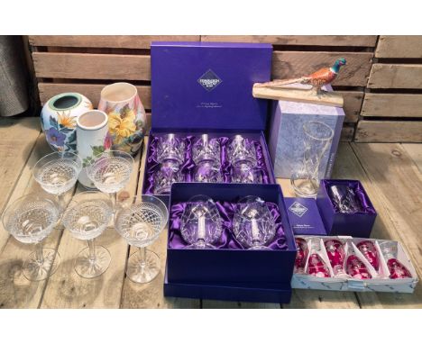 Crate of collectables; Boxed Edinburgh crystal glasses- Brandy glasses and cocktail glasses. Beswick Pheasant, Gouda flora va