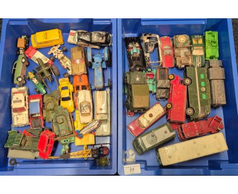 Two trays of playworn models; Dinky &amp; Corgi Models- Dinky TV Mobile control room lorry, Dinky Guy Robertsons Golden Shred