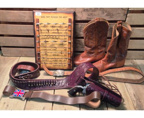 A Collection of Western themed items and leather biker jacket; Genuine leather Belstaff International biker jacket- small. Te