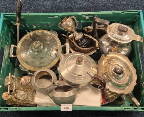 A Crate of Silver plated wares; Three Piece hammered pewter tea service four piece condiment set &amp; other items. 