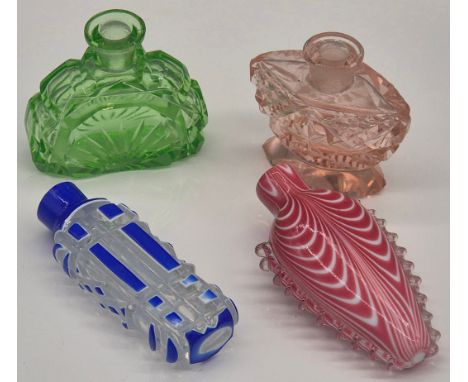 A Collection of four art glass perfume bottles; Two art Deco glass perfume bottles, antique Bohemian blue and white overlay g