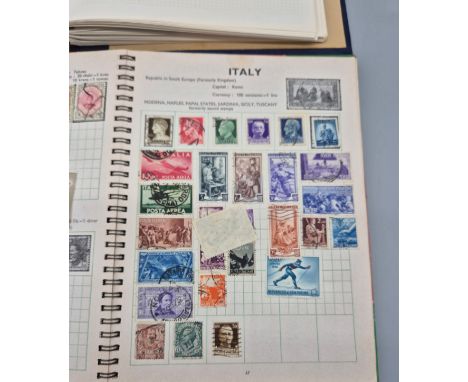 Vintage Stamp albums and box of loose stamps; Album containing various world stamps to include football player stamps- Pele. 