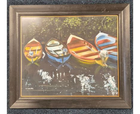 Signed Pat Wingate Prestwick Artist Oil painting on Board of Boats Docking In fitted framing.64x75cm frame