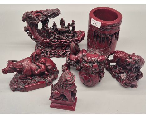 A Tray of Resin Oriental collectables figures; Dogs of fu, Chinese tiger study, Group scene study, painted brush vase &amp; o