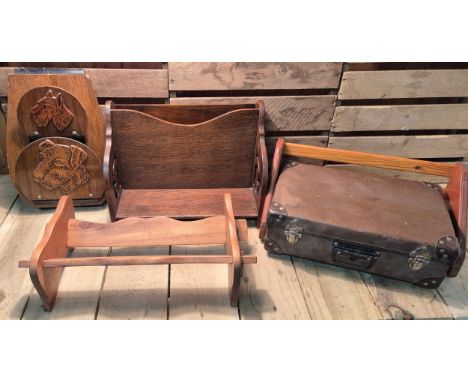 Crate of vintage book shelves, wall hanging letter holder and small travel trunk.