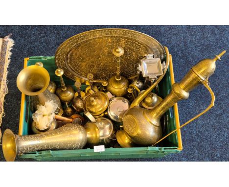 Crate of Arabic items, brass wares and other collectables. Large Indian ornate brass coffee pot, Large brass vases, charger a