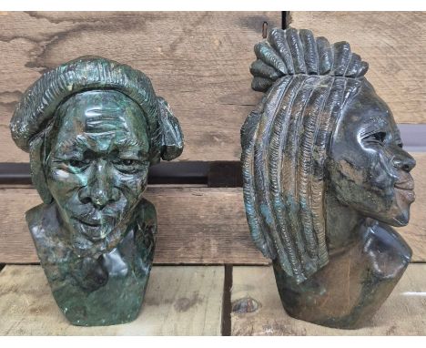 Two vintage Green Verdite Shona Tribe Stone Carving Sculptures of a Woman &amp; Man Bust. Signed 