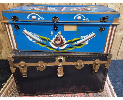 Two large vintage travel trunks. ;metal trunk painted in a Barge ware style. 